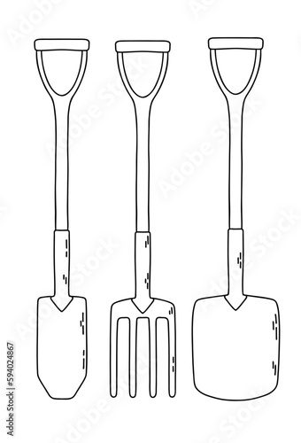 Two different shovel and pitchwork for garden. Vector outline illustration