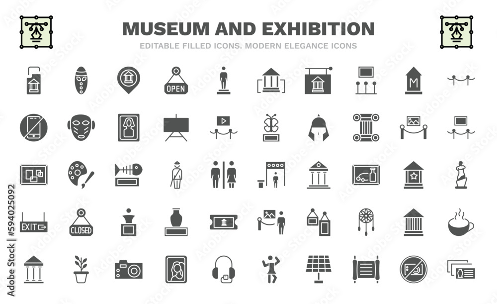 set of museum and exhibition filled icons. museum and exhibition glyph icons such as archivist, museum map, , no phone, pop art, metal detector, exit, antic architecture, postcards vector. set of museum and exhibition filled icons. museum and exhibition glyph icons such as archivist, museum map, , no phone, pop art, metal detector, exit, antic architecture, postcards vector.