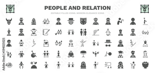 set of people and relation filled icons. people and relation glyph icons such as devil mask, princes, zorro, male user, elder, fencing attack, salat, psychology, beard vector.