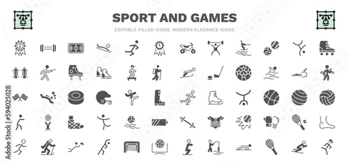 set of sport and games filled icons. sport and games glyph icons such as second prize, basketball court, golden medal, breakdance, soccer football ball, ice skating man, waterpolo, waiter falling,
