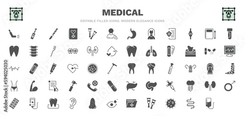 set of medical filled icons. medical glyph icons such as inhalator, scalpel, patient, notepad, plaster, teeth, otoscope, transfusion, iv vector.