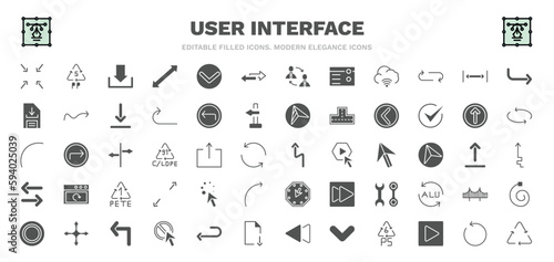 set of user interface filled icons. user interface glyph icons such as exit full screen arrows, big download arrow, double arrows, gap, round left button, left reverse curve, wait cursor, left turn,