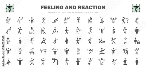 set of feeling and reaction filled icons. feeling and reaction glyph icons such as lovely human, chill human, pissed human, curious pumped impatient super amused full vector.