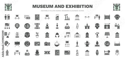 set of museum and exhibition filled icons. museum and exhibition glyph icons such as restroom, postcards, archivist, paper scroll, information desk, metal detector, photographic, closed,