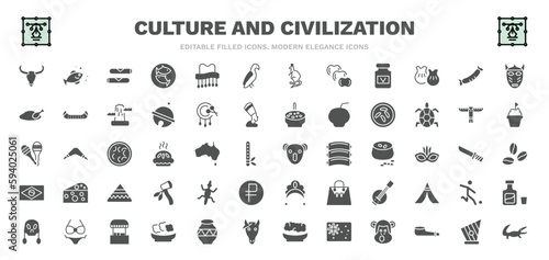 set of culture and civilization filled icons. culture and civilization glyph icons such as skull of a bull, spring rolls, aw on a branch, chorizo, sweet and sour pork, australian koala, gecko top