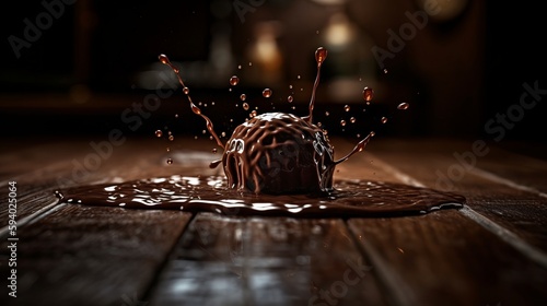A splash of chocolate with a drop of water on the table. Al generated