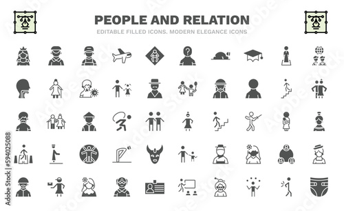set of people and relation filled icons. people and relation glyph icons such as princes, technician, sujud, throat, hairy, bearded woman, road crossing, muslim man, baby diaper vector.