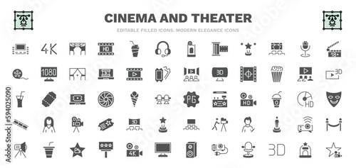 set of cinema and theater filled icons. cinema and theater glyph icons such as home theater, cinema curtain, headphone, studio mic, film counter, parental guidance, 3 dimension screen, celebrity,