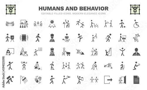 set of humans and behavior filled icons. humans and behavior glyph icons such as public work, business meeting, hotel supplier, business presentation, teachers, construction worker, showin, carrying