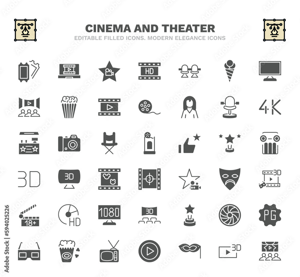 set of cinema and theater filled icons. cinema and theater glyph icons such as two movie tickets, cinema celebrity, chair, theatre seats, box office, 3d television, 3d movie, star movie award,