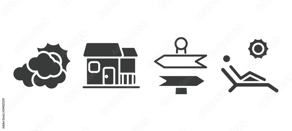 set of travel and trip filled icons. travel and trip glyph icons included cloudy, bungalow, , sun bath vector. set of travel and trip filled icons. travel and trip glyph icons included cloudy, bungalow, , sun bath vector.