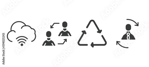 set of user interface filled icons. user interface glyph icons included cloud with connection, exchange personel, recycable, repaying vector.