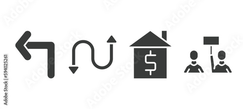 set of user interface filled icons. user interface glyph icons included left turn, bending, house value, industrial action vector.
