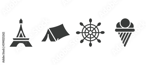 set of travel and trip filled icons. travel and trip glyph icons included eiffel tower, camping tent, rudder, icecream vector.