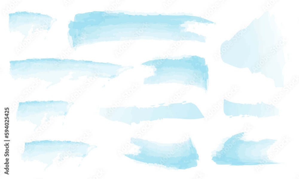 Set of watercolor stains and spots on a white background. Watercolor texture with brush strokes. Round, rectangle, spot. Blue, turquoise, gradient. The sky colors. Vector. Isolated. Elements For logo. Set of watercolor stains and spots on a white background. Watercolor texture with brush strokes. Round, rectangle, spot. Blue, turquoise, gradient. The sky colors. Vector. Isolated. Elements For logo.