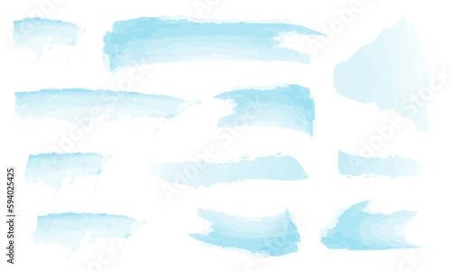 Set of watercolor stains and spots on a white background. Watercolor texture with brush strokes. Round, rectangle, spot. Blue, turquoise, gradient. The sky colors. Vector. Isolated. Elements For logo.
