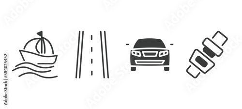 set of transportation filled icons. transportation glyph icons included sailing, road with broken lines, auto, seatbelt vector.
