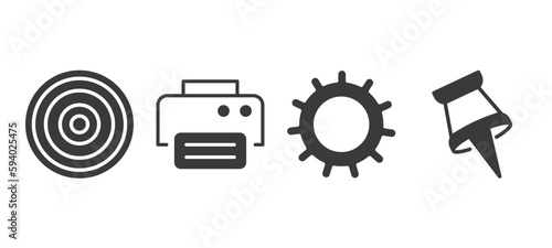 set of tools and utensils filled icons. tools and utensils glyph icons included target circles, print button, , tack save button vector.