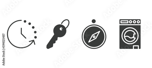 set of tools and utensils filled icons. tools and utensils glyph icons included time left, tiny key, orientation compass, top load washer vector.