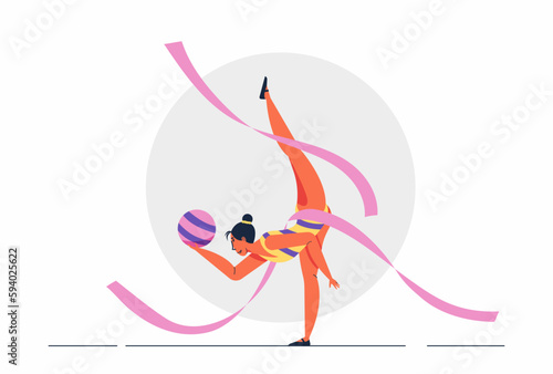 Abstract girl gymnast with ribbon and ball in pose