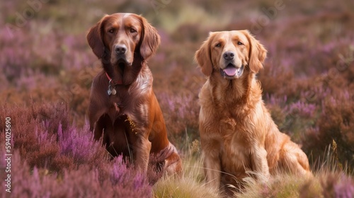  two dogs are sitting in a field of purple flowers and grass, one is panting and the other is looking at the camera with its mouth open. generative ai