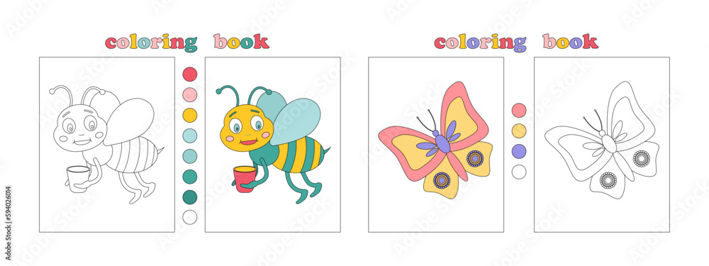 Coloring book page template for kids. Decorate butterfly. Funny pictures of animals waiting for coloring. Decorate bee. Coloring book with flower samples for youngest. Children Education. Vector	