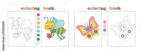 Coloring book page template for kids. Decorate butterfly. Funny pictures of animals waiting for coloring. Decorate bee. Coloring book with flower samples for youngest. Children Education. Vector	