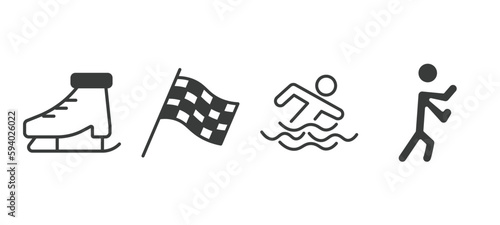 set of sport and game filled icons. sport and game glyph icons included ice skates, chequered flag, swimming figure, man punching vector.