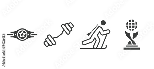set of sport and game filled icons. sport and game glyph icons included champion belt, weighted bars, biathlon, world cup vector.