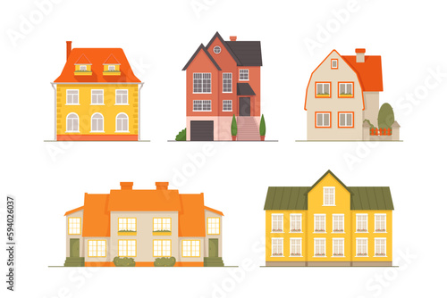 Five cute house with tiled roof and multicolored facades. Large windows decorated with flowers. High porch with steps. Suburban real estate, housing, rent. Vector illustration in flat cartoon style