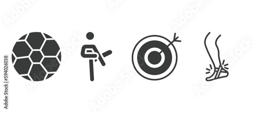 set of sport and game filled icons. sport and game glyph icons included football ball, pencak silat, bullseye, sprained ankle vector.