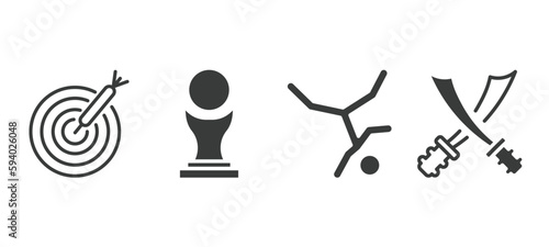 set of sport and game filled icons. sport and game glyph icons included dartboard with dart, brazilian, breakdance, saber vector.