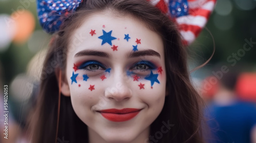 Face of a woman celebrating 4th of July with make-up designed in the iconic American flag. Generative AI © Ferdi