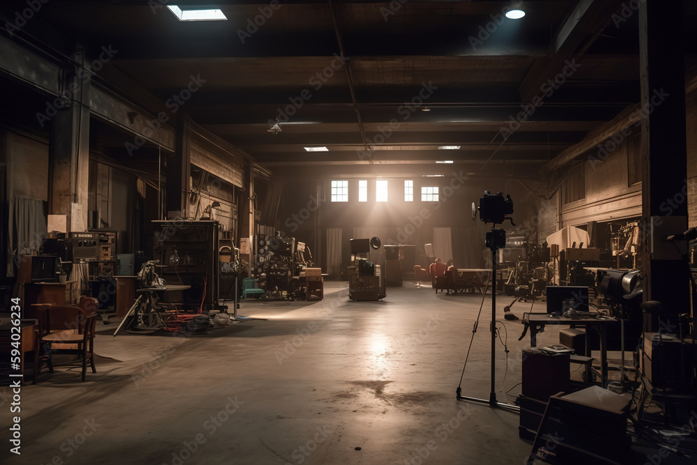 Empty movie set with cameras, lights and props - obrazy, fototapety, plakaty 