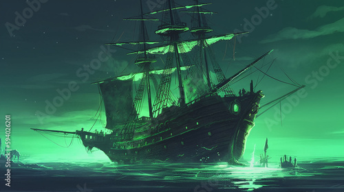 Night scene of ghost pirate ship in the sea with mysterious green light Concept art illustration