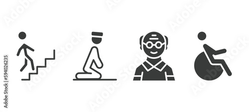 set of people and relation filled icons. people and relation glyph icons included walking downstairs, julus, old man, handicapped vector.