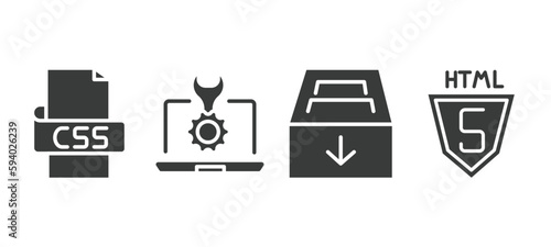 set of information technology filled icons. information technology glyph icons included css, seo tools, archive, html5 vector.