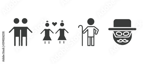 set of people and relation filled icons. people and relation glyph icons included brothers, lesbian couple, shepherd, zorro vector.