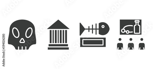 set of museum and exhibition filled icons. museum and exhibition glyph icons included anthropology, modern art, fishbone, tour vector.