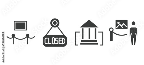 set of museum and exhibition filled icons. museum and exhibition glyph icons included exhibit, closed, buffalo, excursion vector.
