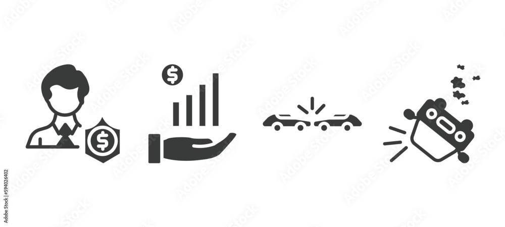set of insurance and coverage filled icons. insurance and coverage glyph icons included beneficiary, finances, frontal crash, overturned car vector.