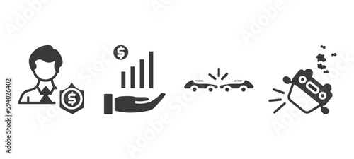 set of insurance and coverage filled icons. insurance and coverage glyph icons included beneficiary, finances, frontal crash, overturned car vector.