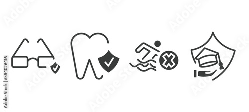 set of insurance and coverage filled icons. insurance and coverage glyph icons included glasses insurance  dental risk pool  education vector.