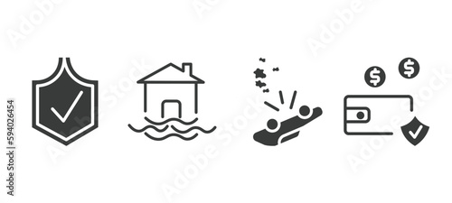 set of insurance and coverage filled icons. insurance and coverage glyph icons included safe, flood risk, overturned vehicle, deposit insurance vector.