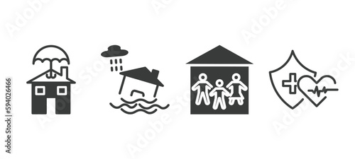 set of insurance and coverage filled icons. insurance and coverage glyph icons included real estate insurance, inundation, family house, health vector.