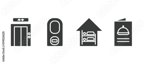 set of hotel and restaurant filled icons. hotel and restaurant glyph icons included elevator, do not disturb, hostel, menu vector.