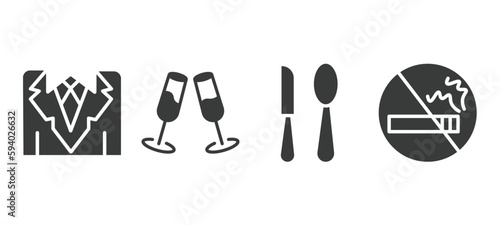 set of hotel and restaurant filled icons. hotel and restaurant glyph icons included suits, champagne, eating utensils, no smoking vector.