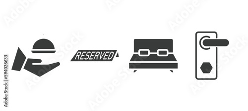 set of hotel and restaurant filled icons. hotel and restaurant glyph icons included room service, reserved, double bed, doorknob vector.