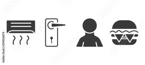 set of hotel and restaurant filled icons. hotel and restaurant glyph icons included air conditioner, doorknob, guest, cheese burger vector.