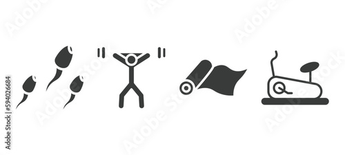 set of health and medical filled icons. health and medical glyph icons included sperm, weightlifting, yoga mat, stationary bike vector.